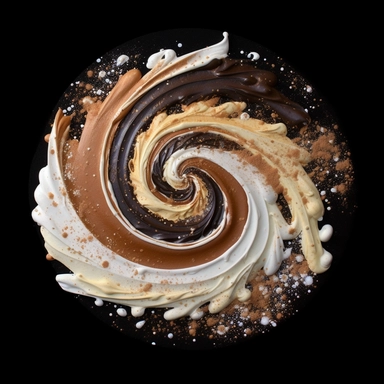 a spiral galaxy seen from above, made of milk, melted chocolate, white chocolate and cappuccino, clipart, black background