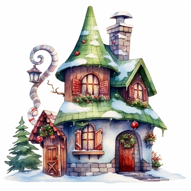Cute Christmas elf house watercolor clipart