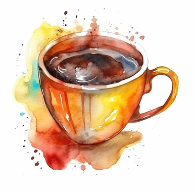 illustration of a cup of coffee, watercolor, add embeliishments, stylized, beautiful, artistic, coffee, clipart, isolated on white background