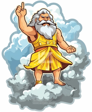 Sticker Clip Art of Zeus standing on Mount Olympus, children friendly, King of the Gods, clouds and lightning behind him, King of Mount Olymp, illustrated in a playful style with a friendly expression, perfect for any special occasion, cut out in the shape of Zeus on a Mountain, Muscular, with no visible background, giving it the appearance of a sticker, conveying a mystical and whimsical mood, edited with Adobe Photoshop to adjust brightness and contrast, rendered as a transparent PNG file with