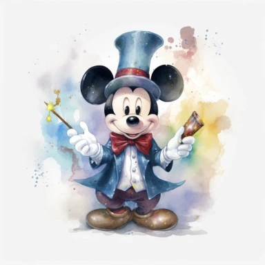 watercolor magician micky mouse , very detailed, clipart, modern style, white background, 8k
