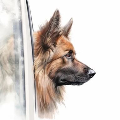 close up high detailed, Hand drawn watercolor clipart of Belgian Tervuren looking outside a moving car window, on a pure white background for background removal, no shadow, no paint splash