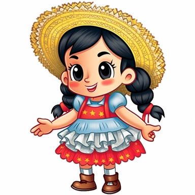 a cute blond little girl dressed for a brazilian junina party, with a blue and yellow flowing dress, braids in her hair, red shoes, happy, Monica's gang style, Graphics Maurício de Sousa, digital art, big eyes, cartoon, clipart , country girl from festa junina from brazil cute drawing white background