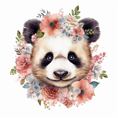 Nursery Print baby head panda flowers drawn in watercolor style, vector design, , Sublimation Clipart ,Cartoon,hyper realistic, intricate detail, illustration style,high solution,on the white background