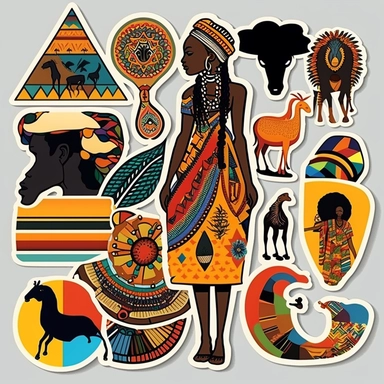 vibrant clipart sticker for Ankhara Designs that capture the vibrant and authentic spirit of African culture. The stickers should include a variety of elements, such as tribal patterns, animals, and symbols, that represent the diversity and richness of African heritage. Use bold and bright colors to make the stickers pop and give them a playful and joyful feel. Think about incorporating traditional African fabrics and textiles, such as kente, mud cloth, or Ankara prints, into the designs to furt