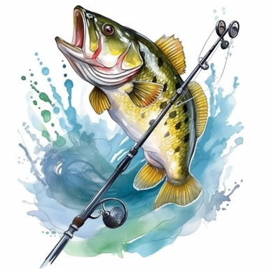 Cute Beautìul fishing rod And Bass Fish Watercolor Sublimation Clipart,Cartoon,hyper realistic, intricate detail, illustration style,high solution,on the white background