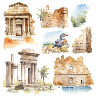 watercolor turkey ephesus ruins, illustrations clipart set, simple, , cartoon elements ,different variants ,marble elements, separate elements with a margin