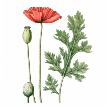 Watercolor of tall slender micro dainty poppy leaves on a single stem with closed poppy seed head. Ikebana red poppy, leaves typically have a distinctive elongated shape with a pointed tip, and are deeply lobed or dissected. The lobes are typically rounded or toothed, and may be arranged alternately or opposite each other along the stem. Floral Clipart, poppy, Minimalist Flowers Watercolor, Ikebana Clipart, Separated design