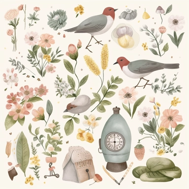 spring clipart pictures, illustrations, stamps, elements, in the style of muted colours, dotted, found objects, pigeoncore, cottagecore, animated gifs, paper cut-outs white space around objects, objects separated in the style of clip art