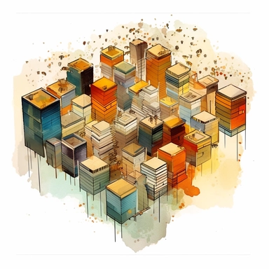watercolor, An aerial view of a beekeeping farm with rows of modern beehives neatly arranged, depicting bees entering and exiting the hives, forming intricate patterns in the sky. (Digital drawing clipart, image black border color, full body, flat texture, transparent background)