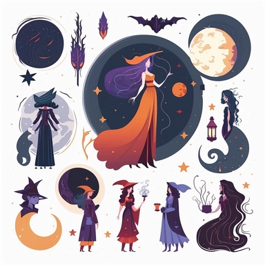 Magic Girl Clipart, Medieval Girl Clipart, Celestial Woman, Mystic Clipart, Moon Clipart, a Zodiac girls wizard on white. Flat vector illustration