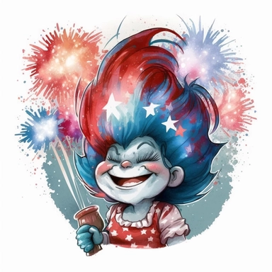 a sticker, a watercolor painting, red, white, and blue colorsplash, clip art, a cute troll with a big smile dressed as Lady Liberty with a background of colorful fireworks.
