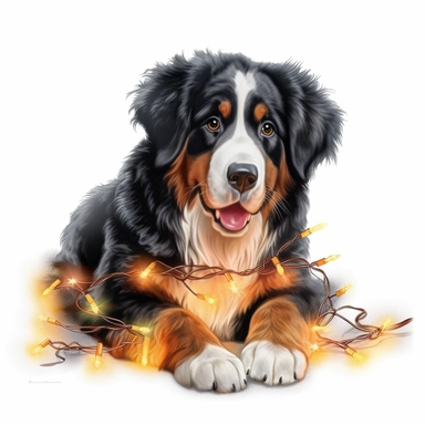 A clipart of a Bernese Mountain Dog in a festive setting, with Christmas lights tangled in its fur, created on a white background.