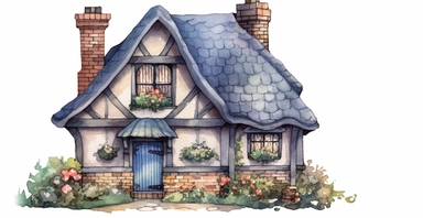 Cute English Cottage, snowy, ornamental watercolor clipart
