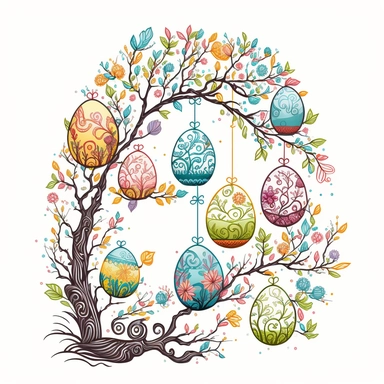 funny drawn sketch easter eggs with romanian traditional pattern hanging on a tree branch with flowers on white background, artistic painting, easter scene, add some spring leaves, add some flowers,add some birds, spring pastel colors, watercolor, Michelangelo style, clipart, 2d, sketch style, no text, no logo