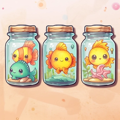 cute Aquarium jars sticker set, sticker pack, sticker sheet, character sheet, multiple stickers, Watercolor Clipart, chibi, simple, minimal art, hand-drawn, vector art, adorable, lovely, whimsical, cute and quirky, watercolor effect, bokeh, low-poly, retro aesthetic, 4K resolution, photorealistic rendering, using Cinema 4D