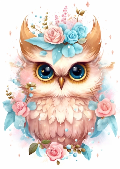 Cute Owl with gold rose clipart, in the style of pink and aquamarine, feminine portraiture, sparklecore, chinese painting, floral explosions, flickr, whimsical cartoon-style