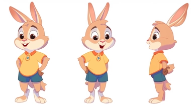 clipart,A cute little rabbit wearing a bright shirt and shorts+three Kans, with three perspectives on the front, side, and back, in different poses. The little rabbit has a small and cute body, with furry white fur and a pair of long ears. Its bright black eyes exude a clever and curious expression. A mischievous expression, he often wears bright shirts and shorts, full of vitality.clipart style, full body with both feet, painting, illustration, style, beautiful cartoon style, three images