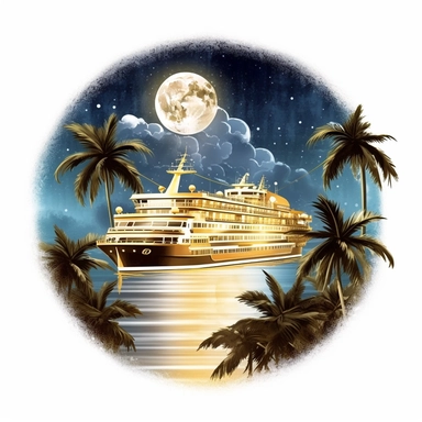 fantasy cruise gold ship in the moonlight, paradise island digital clipart on white background
