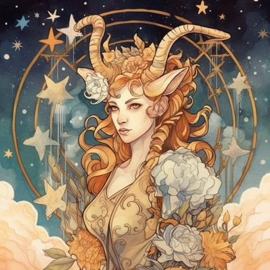 Immerse yourself in a world of visual delight with a captivating clipart illustration depicting a female figure representing the grounded and steadfast Capricorn. Set against a celestial canvas adorned with stars and space, the determined Capricorn goat climbs higher. Enhanced with elements of flowerpunk inspiration and rendered in earthy watercolor tones, this artwork beautifully captures the ambitious and disciplined nature of Capricorn