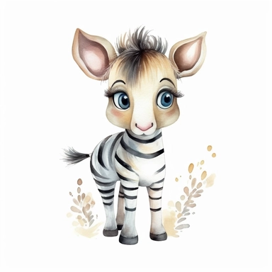 watercolor cute zebra with big eyes, pixar style, kawaii style, light colors, baby room style, clipart with white background