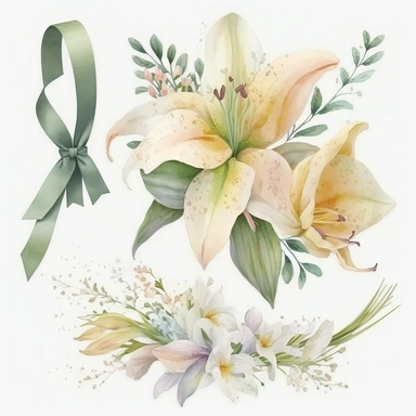 watercolor Easter Lily flowers arrangement, bouquet, ribbon bow, Easter element, clipart, on white background