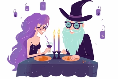 Cute Wizard on a magical candlelight dinner date with Cute Witch Clipart, on white background, spaced out, RGB, Romantic, Wizardcore, Witchcore, Multiverse, Ultra HD, hyperdetailled