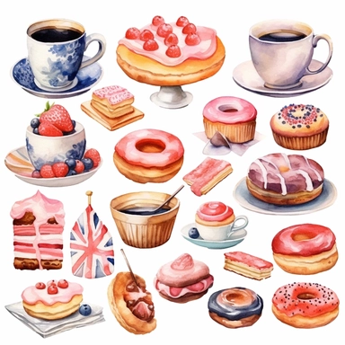 Watercolor style, union jack pattern, cake, cars, coffee, donuts and flower variations, hyper realistic detailed clipart, on a white background