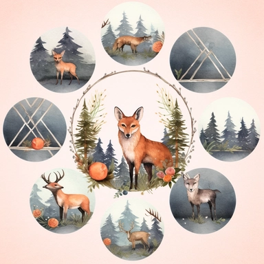 animals , geometry ,forest scene, Watercolor clipart bundle, png format, 300 dpi, 8k, vintage