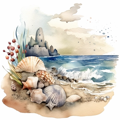 Create a captivating watercolor clipart illustration capturing the moodiness of the sea and beach, Picture a rugged coastline with crashing waves and dramatic clouds, Scatter beautifully rendered seashells along the shore, showcasing their intricate textures and muted colors, Use a dark and rich color palette to evoke a sense of mystery and depth, The artwork should be high - definition, with a spacious composition and a 3: 2 aspect ratio, Present the final illustration on a white background, en