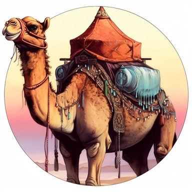 Akira Kurosawa's photograph of a camel with tent saddle, Josh Kirby Mad Max Lord of the Rings, enamel punk zine indie retrowave, clipart illustration, circular solid background circular border