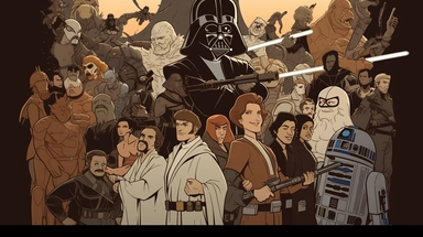 A group of Star Wars characters in a cartoon style, including Darth Vader, Luke Skywalker, Princess Leia, Han Solo, and Chewbacca, all gathered together, each character showing different expressions and gestures, with the iconic Star Wars logo in the background, Clipart, digital illustration,