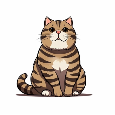 Cute cartoon happy cat, overweight dark STRIPED brown tabby cat with big ears, A LOT OF TIGER black strips, brown fur, brown chest, dark brown eyes, full body sitting, white background, clip art, vector graphic