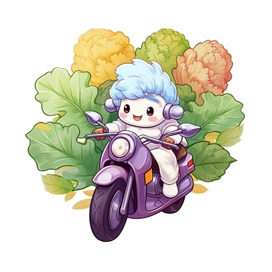Create a clipart of a cute vegetable cauliflower riding a motorcycle leaving a trail of leaves. Pastel colors. Kawaii style. White Background, soft lighting.