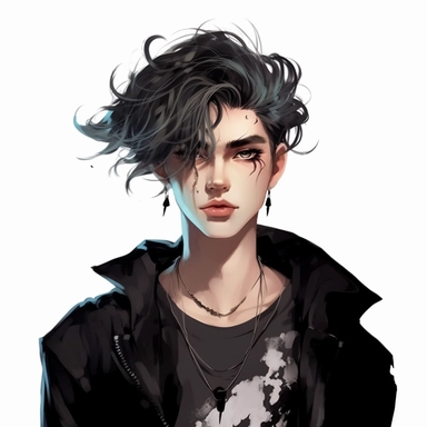 beautiful stunning handsome cute anime gothic e-boy, paint art style, clipart, white background, superrealistic, one of a kind