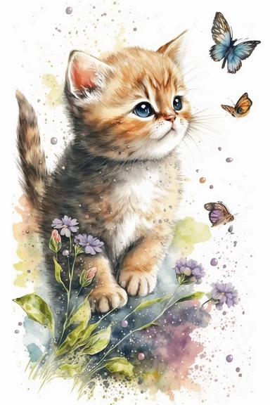 Adorable chaton jouant avec papillon et fleurs : Clipart aquarelle,réalisé félin mignon, utilisation commerciale, 300 DPI, Art mural, fabrication de cartes,