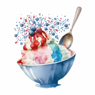 red white and blue shaved iced bowl with spoon clip art watercolor illustration white background no text