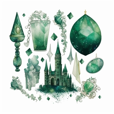 Emerald City Clipart PNG Set, dreamy, glitter, Watercolour Illustration clipart, 4K, extremely detailed, magical