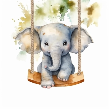 Clipart, Full Body Watercolour Cute baby Elephant, baby elephant swinging in the tree, cute face, highly detailed, 8K white background — 4: 5