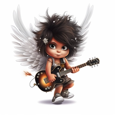 a beautiful fairy, punk rock star with guitar, cartoon, big wings, clipart, white background