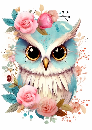 Cute Owl with gold rose clipart, in the style of pink and aquamarine, feminine portraiture, sparklecore, chinese painting, floral explosions, flickr, whimsical cartoon-style