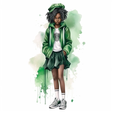 watercolor, black woman dressed up in harry potter slytherin clothing, green and black tennis shoes, style of Ray Caesar white background, clipart