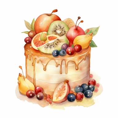 cute watercolor newborn soft beige cake with fruits, watercolor effect, isolated white background, babyshower clipart, soft beige tones