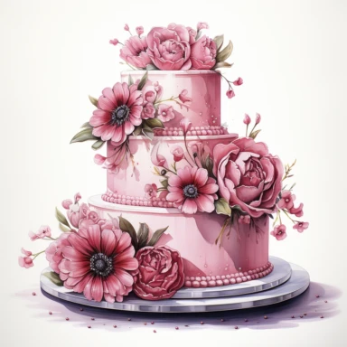 Pink wedding cake, high level watercolor, hyper realistic cartoon, white background, 8k, ultra detailed clipart