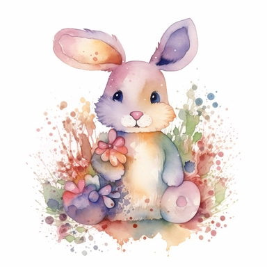 watercolor stuffed rabbit with flowers, clipart , cute, alcohol ink, splatter effect