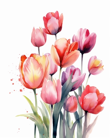 apeldoorn tulip，a watercolor painting of pink and orange flowers on a white background, vertical composition，panoramic horizontal，in the style of light crimson and light black, bold color blobs, light teal and light crimson, light white and light crimson, light purple and red, ingrid baars，clipart style
