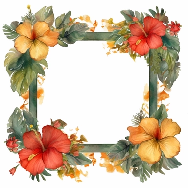 an empty frame surrounded by hibiscus flowers clipart, shades of gold and deep dark green, watercolor