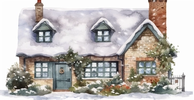 Cute English Cottage, snowy, watercolor clipart