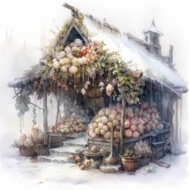 isolated on white illustration watercolor art of a part of white little vegetable market, overgrown with white and light pink roses and flowers, covered with snow and ice, a lot of moss and branches, lace and embroidery, masterpiece by Tomasz Alen Kopera style and by Carl Holsoe style and by Hannah Dale style and by Alexander Jansson style, Baroque Architecture, PNG clipart, isolated on white, white background, extreme photorealistic details, 32k HD resolution, realistic high detailization high 