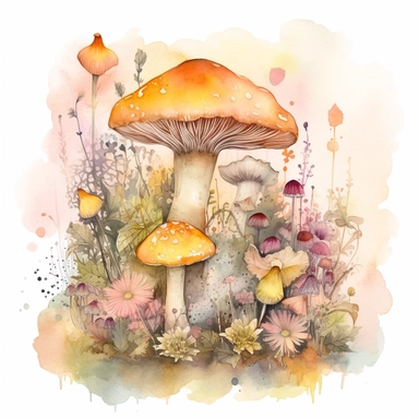 In this watercolor illustration, a mystical mushroom takes center stage, painted with vibrant hues and surrounded by delicate flowers and lush plants. The clipart design captures a magical scene, where fairies flit about in the air, their ethereal forms highlighted against a watercolor backdrop. The white background provides a stark contrast to the dominant yellow and pink color scheme, enhancing the enchanting atmosphere of the artwork. The intricate details of the flora and the playful presenc